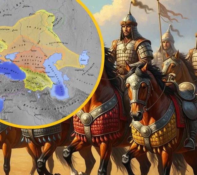 Jazda konna w zbrojach, obok mapa ukazująca zasięg państwa Chazarów w IX wieku.