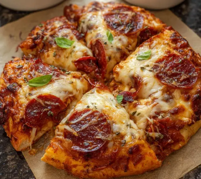 Pyszna pizza pepperoni z ciągnącym się serem, przygotowana w **air fryerze**. Idealna na szybki lunch.