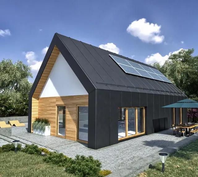 Nowoczesny dom modułowy 100m2 cena pod klucz, z panelami słonecznymi na dachu i tarasem.