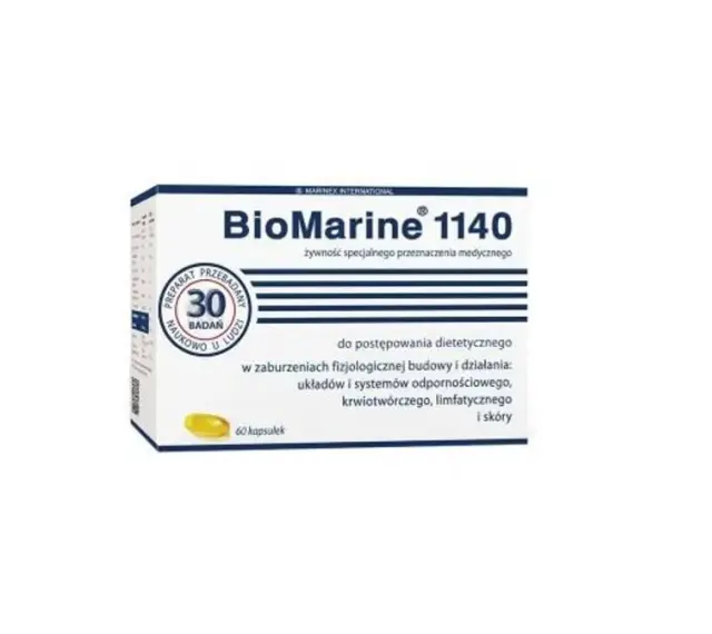 Opakowanie suplementu BioMarine 1140, zawierające 60 kapsułek. Produkt przeznaczony do postępowania dietetycznego w zaburzeniach fizjologicznych.