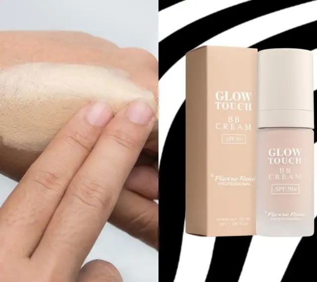 Testowanie, czy krem BB zatyka pory. Na dłoni aplikacja lekkiego podkładu Pierre René Glow Touch BB Cream SPF 50+.