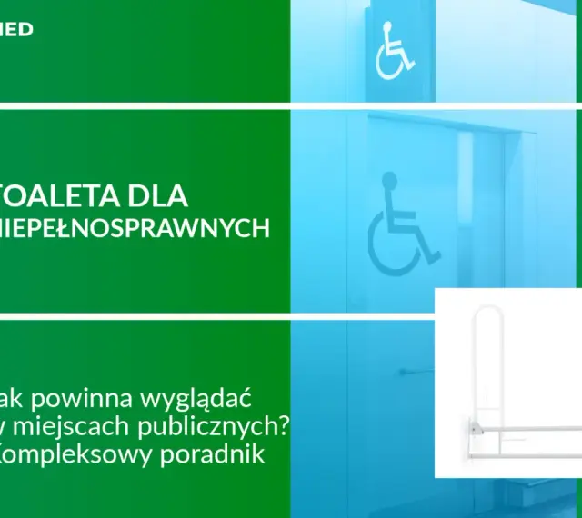 Poradnik o toalecie dla niepełnosprawnych, uwzględniający minimalne wymiary i wyposażenie, jak uchwyt.