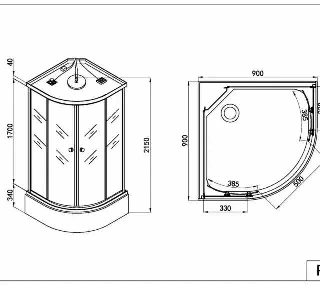 Rysunek techniczny narożnego prysznica z podanymi wymiarami: wysokość 2150 mm, szerokość 900 mm.