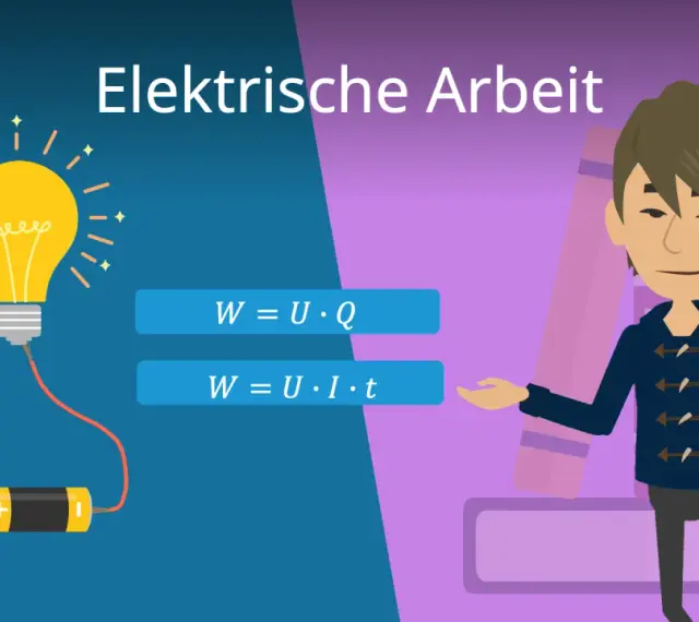 Elektrische Arbeit: Glühbirne, Batterie und Formeln für Energie (Joule). Ein Junge erklärt die Formeln.