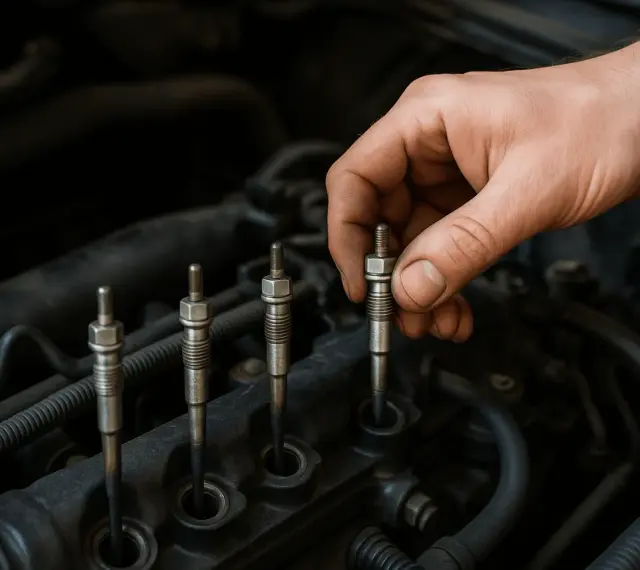 Dłoń mechanika wykonuje wymianę świec żarowych w silniku diesla.