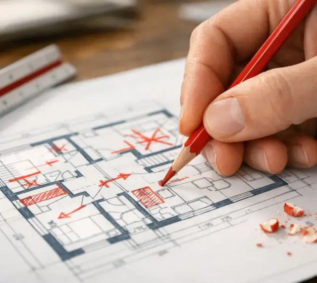 Rysowanie planu domu z zaznaczeniami. Zastanawiasz się, ile kosztuje adaptacja projektu?