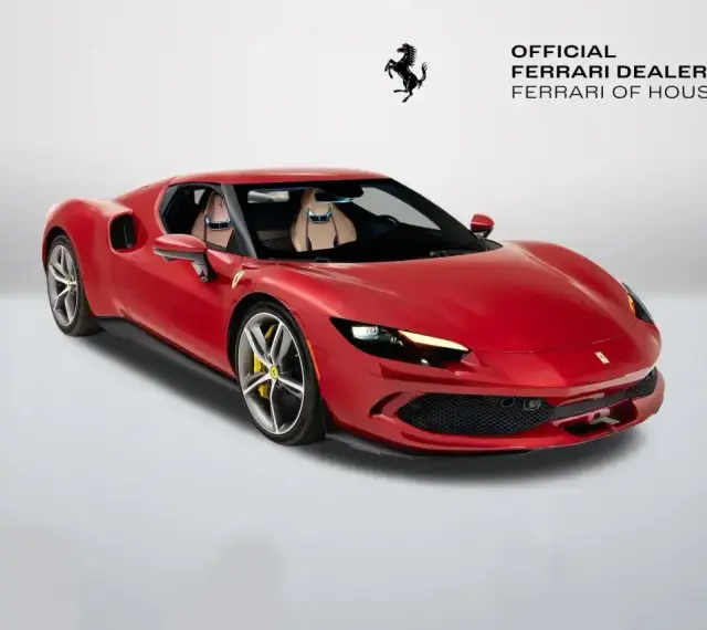 Czerwone Ferrari 296 GTB z beżowym wnętrzem, zaparkowane na białym tle. Obok logo Ferrari i napis "Official Ferrari Dealer Ferrari of Houston".