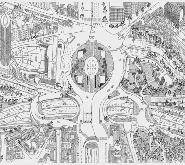 Un croquis de Paris, vu du ciel, avec un rond-point central, des immeubles, des routes sinueuses et un parc verdoyant.
