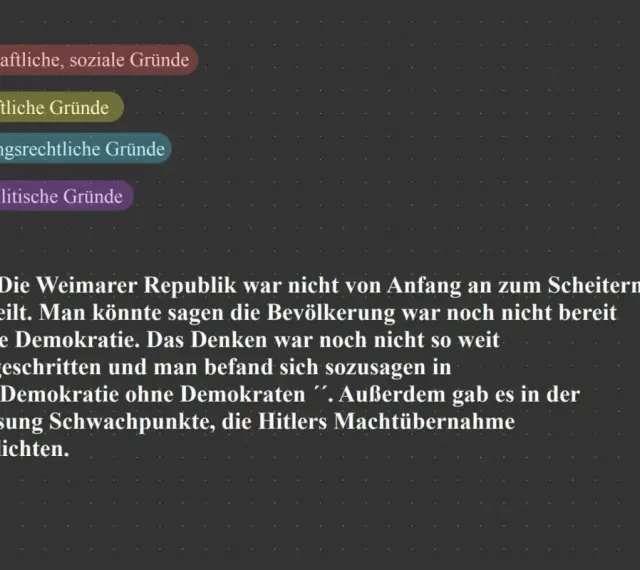 Die Weimarer Republik scheiterte an gesellschaftlichen, wirtschaftlichen, verfassungsrechtlichen und außenpolitischen Gründen. Die Bevölkerung war nicht bereit für Demokratie.