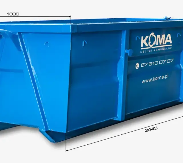 Niebieski kontener KOMA. Wymiary: 3443 mm długości, 1800 mm szerokości, 1365 mm wysokości. Idealny do usług komunalnych.