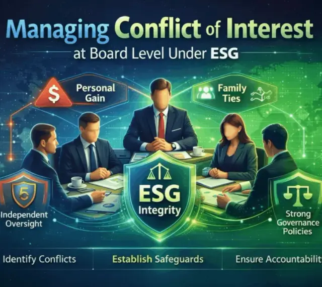 Board members discuss managing conflict of interest, considering personal gain and family ties, to ensure ESG integrity through independent oversight and strong governance.