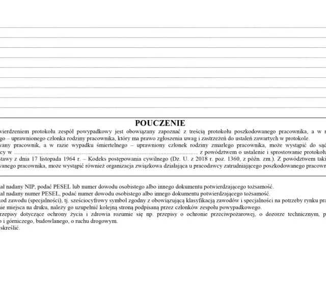Instrukcja do protokołu powypadkowego: zapoznanie z treścią, dane poszkodowanego, możliwość odwołania do sądu.