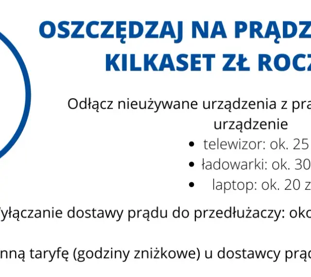 Grafika z wtyczką symbolizującą oszczędzanie prądu. Podano sposoby na obniżenie rachunków za prąd, np. odłączanie urządzeń.