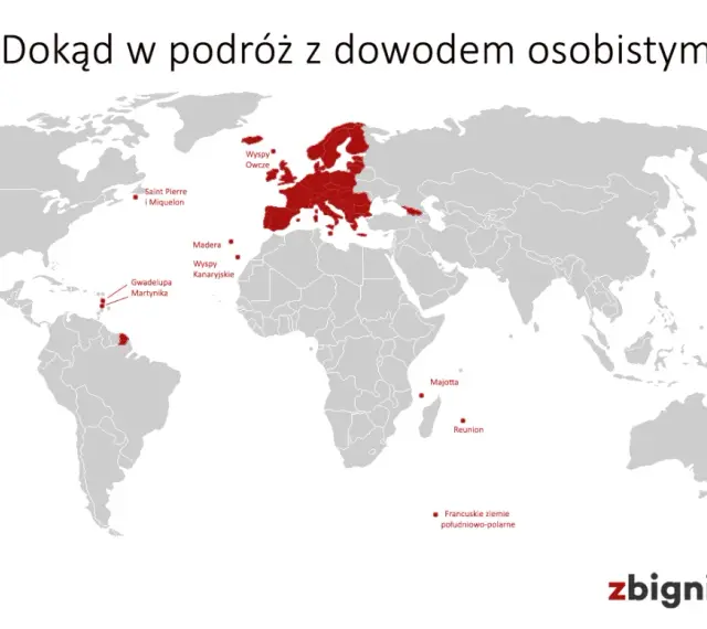 Mapa świata z zaznaczonymi miejscami, gdzie można podróżować bez paszportu: Europa, wyspy na Atlantyku, Karaiby, Reunion, Majotta, Nowa Kaledonia, Polinezja Francuska.