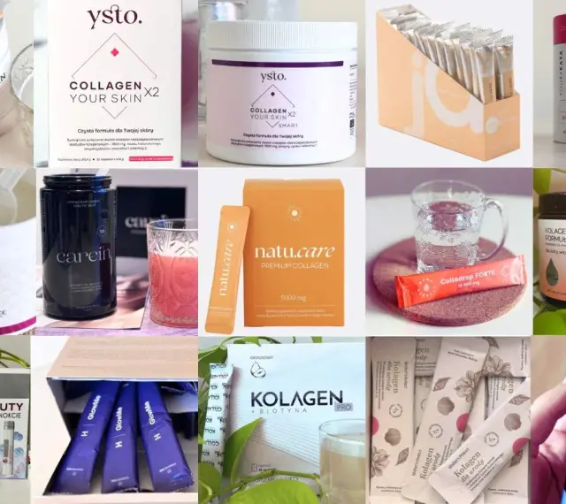 Różne produkty z kolagenem, w tym proszki, shoty i saszetki. Wybierz najlepszy kolagen na stawy dla siebie!