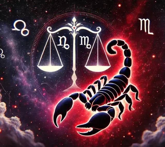 Skorpion i Waga: zodiakalny skorpion na tle kosmosu z wagą, symbolizującą ich związek.