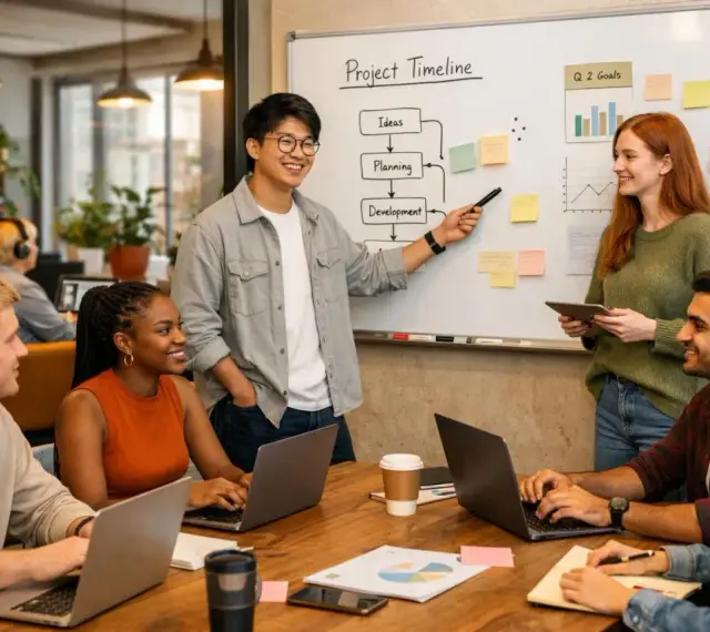 Ein junges, diverses Team plant eine Projekt-Timeline. Der Sprecher erklärt die Phasen Ideen, Planung und Entwicklung. Die Gen Z arbeitet engagiert an Laptops.