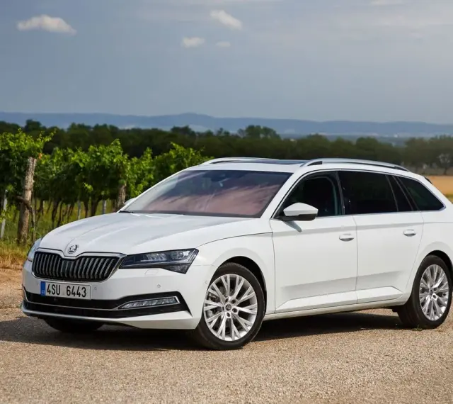 Biała Skoda Combi zaparkowana na drodze wśród winnic.