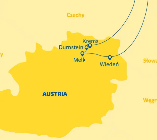 Mapa Austrii z zaznaczonymi miastami: Wiedeń, Melk, Durnstein, Krems. Planujesz podróż? Sprawdź, co zobaczyć w Dolinie Wachau!