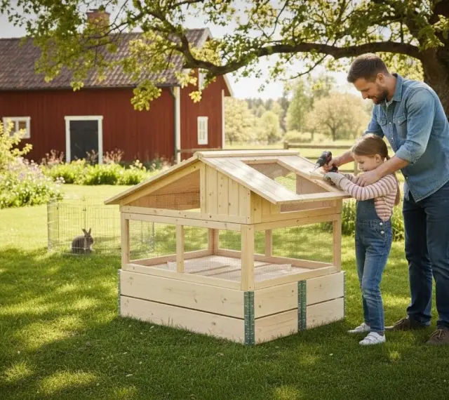 Pappa och dotter bygga kaninbur utomhus. En kanin sitter i en inhägnad i bakgrunden.
