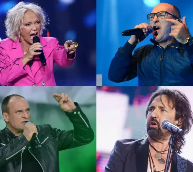 Kobieta w różowej marynarce, mężczyzna w okularach, w czarnej kurtce i z brodą – ikony polskie zespoły lat 2000. na scenie.