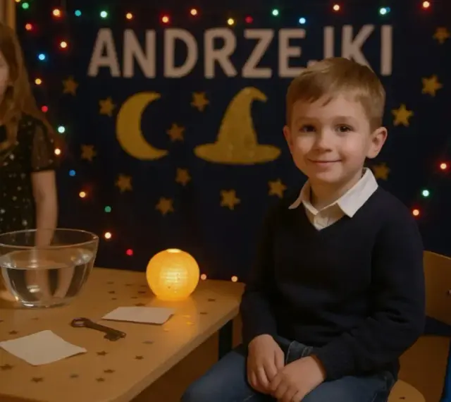 Chłopiec w sweterku i dziewczynka w sukience z gwiazdkami czekają na wróżby. Idealny strój na andrzejki to coś magicznego!