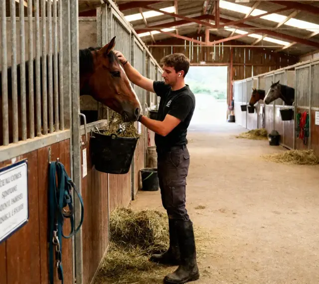 Un palefrenier donne à manger à un cheval dans son box. Le jeune homme, en tenue d'équitation, caresse l'animal tout en remplissant son seau de foin.