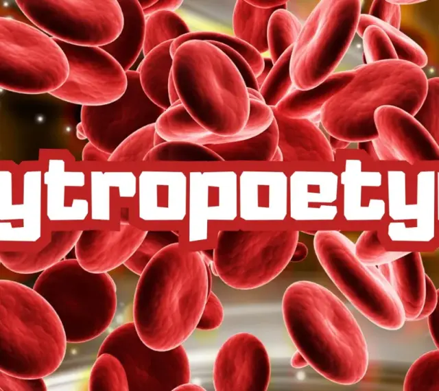 Czerwone krwinki unoszą się w tle, a na pierwszym planie widnieje napis "Erytropoetyna".