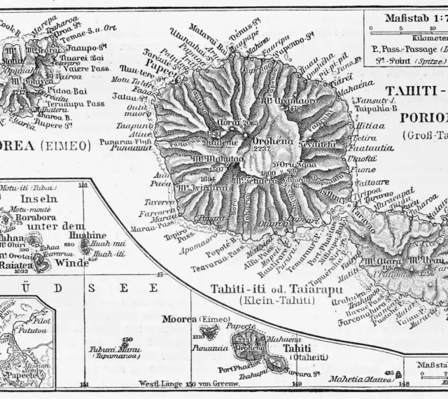 Największa wyspa Polinezji Francuskiej, Tahiti, z widocznymi górami i zatokami.