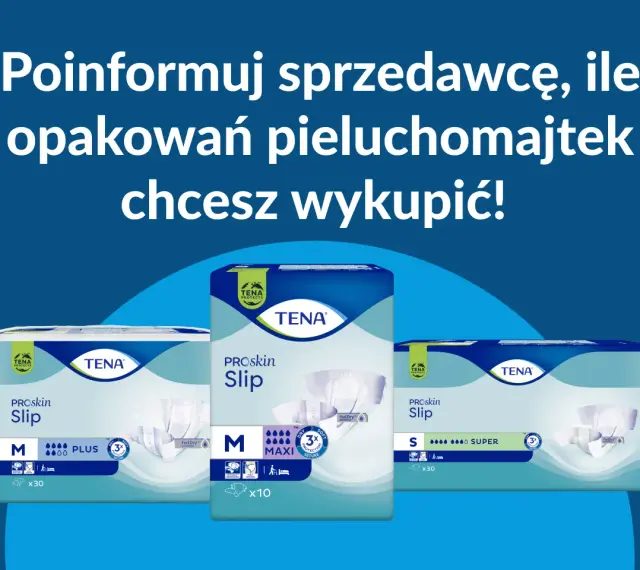 Pieluchomajtki TENA ProSkin Slip w różnych rozmiarach. Dowiedz się, jak obliczyć refundację pieluchomajtek, informując sprzedawcę o liczbie opakowań.