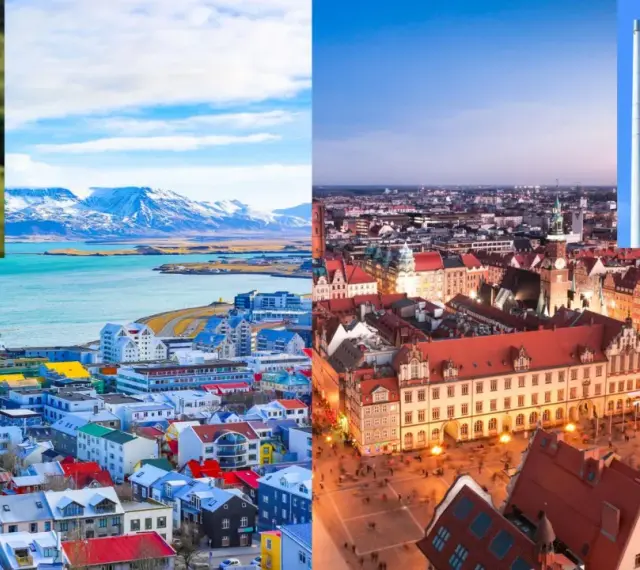 Islandia i Polska, dwa kraje, które często plasują się wysoko w rankingach bezpieczeństwa. Widok na kolorowe domy Reykjaviku i tętniący życiem rynek we Wrocławiu.