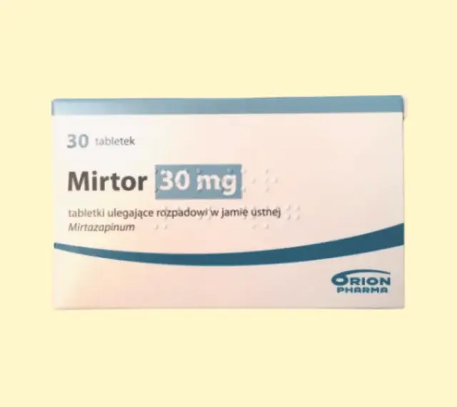 Opakowanie leku Mirto 30 mg, zawierające mirtazapinę w tabletkach ulegających rozpadowi w jamie ustnej.