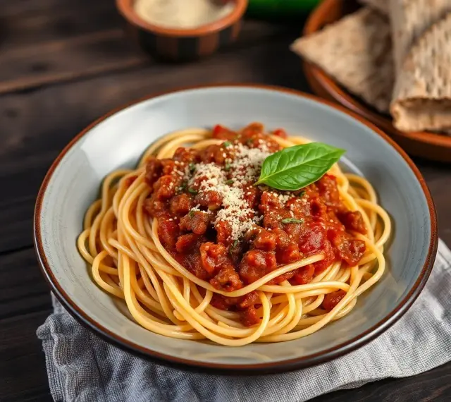 Pyszne spaghetti bolognese, przygotowane według oryginalnego przepisu, z bogatym sosem mięsnym i listkiem bazylii.