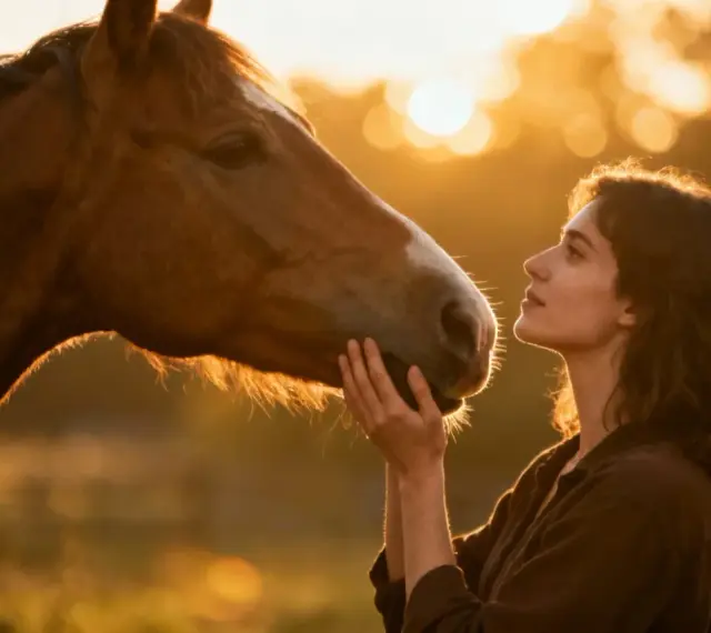 Un homme et son cheval partagent un moment tendre au coucher du soleil.