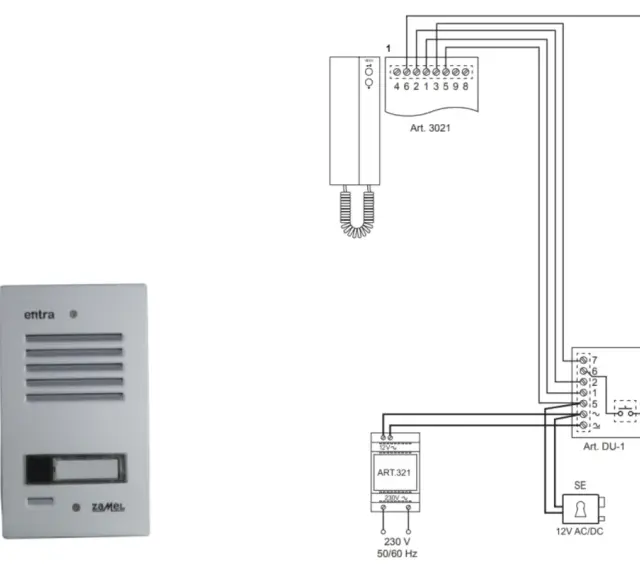 Schemat instalacji domofonu w domu jednorodzinnym: unifon, panel zewnętrzny, zasilacz i moduł sterowania.