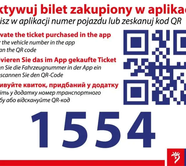 Instrukcja jak kupić bilet online: wpisz numer pojazdu lub zeskanuj kod QR. Widoczny numer 1554.