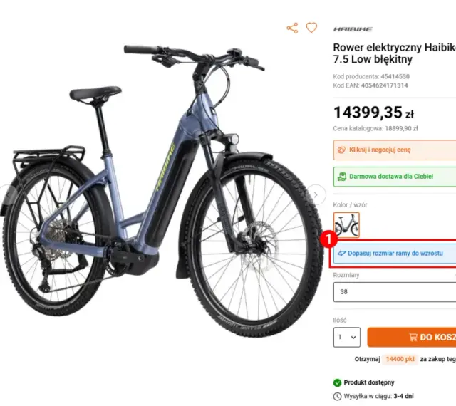 Błękitny rower elektryczny Haibike Trekking 7.5 Low. Wybierz rozmiar ramy dopasowany do wzrostu, np. 18 cali.