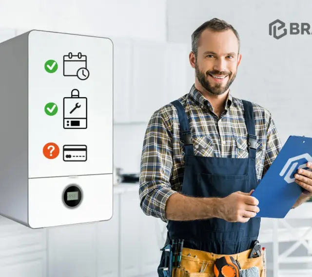 Un tecnico sorridente con appunti in mano illustra la pulizia caldaia a chi spetta, con icone di manutenzione e pagamento.