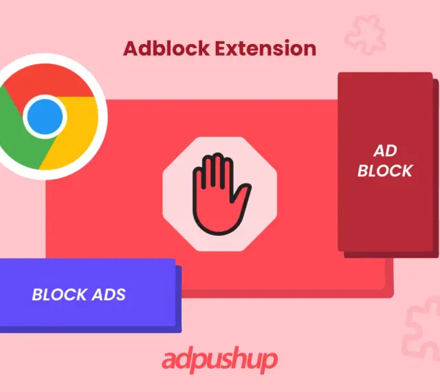 Logo Chrome, symbol stop i napis "Adblock Extension" sugerują przeglądarkę bez reklam.