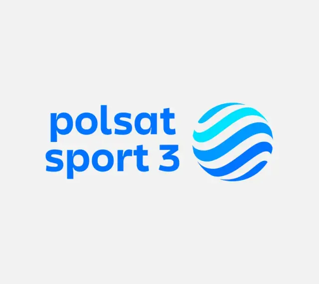 Logo Polsat Sport 3. Niebieski napis "polsat sport 3" obok stylizowanej kuli z niebieskimi pasami.