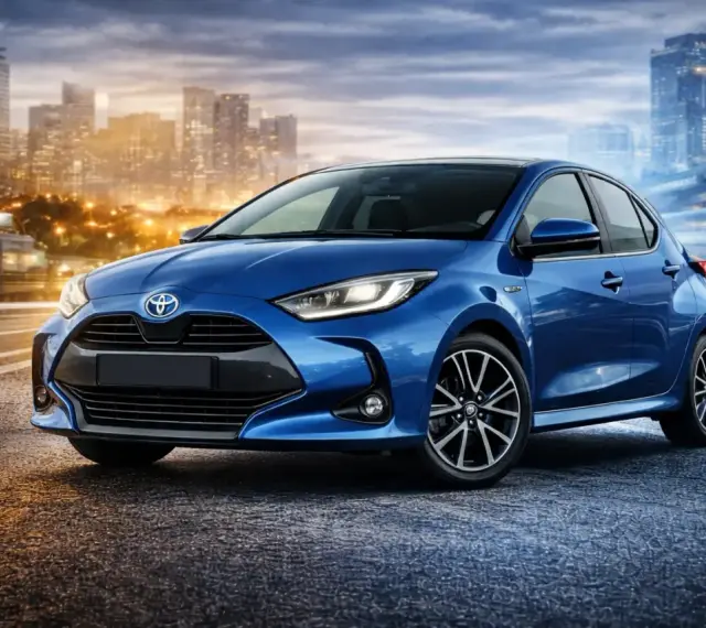 Niebieski Toyota Yaris Hybrid na tle miasta nocą. Sprawdź atrakcyjną toyota yaris hybrid cena.