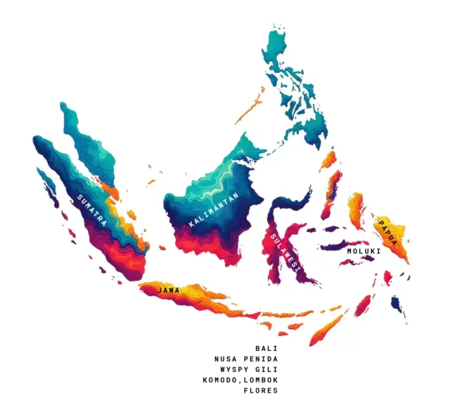 Mapa Indonezji z zaznaczonymi wyspami: Sumatra, Jawa, Kalimantan, Sulawesi, Moluki, Papua. Pokazuje, gdzie leży Indonezja.