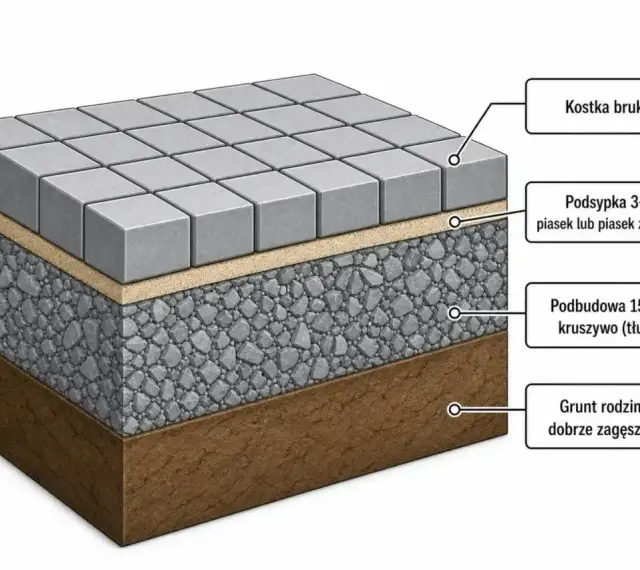 Warstwy podbudowy pod taras z kostki brukowej: kruszywo, piasek i kostka. Solidna podbudowa to klucz do trwałego tarasu.