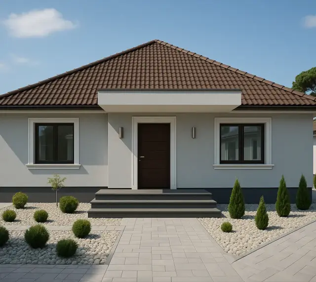 Jasnoszara elewacja idealnie komponuje się z brązowym dachem, tworząc harmonijną całość. Dom z brązowymi oknami i drzwiami prezentuje się elegancko.