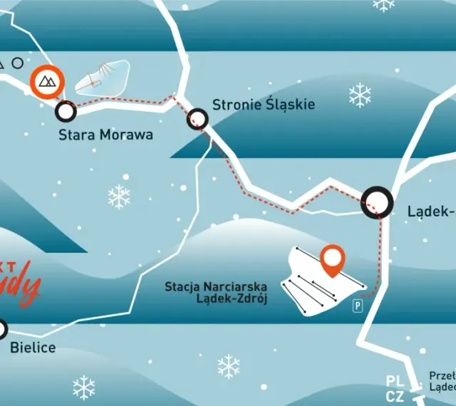 Mapa z zaznaczonymi miejscowościami: Lądek-Zdrój, Stronie Śląskie, Stara Morawa, Bielice i stacją narciarską.