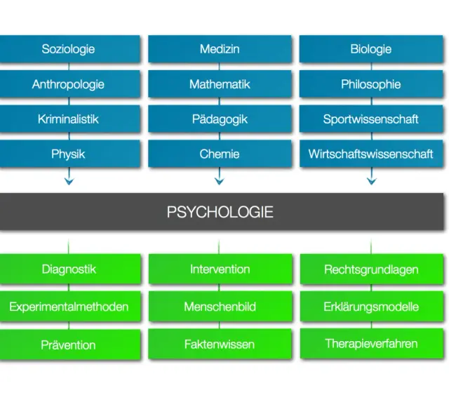 Diagramm zeigt, wie verschiedene Disziplinen wie Soziologie, Medizin und Biologie zur Psychologie beitragen. Darunter sind Anwendungsbereiche wie Diagnostik und Intervention aufgeführt.