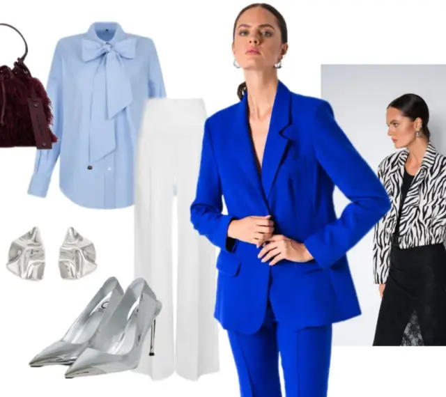 Elegancka stylizacja na bal ósmoklasisty: niebieski garnitur, białe spodnie, błękitna koszula z kokardą, srebrne szpilki i torebka.