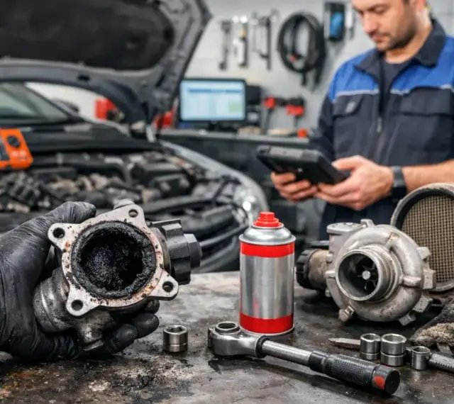 Mechanik trzyma mocno zabrudzony zawór EGR. Obok leżą turbosprężarka i narzędzia.