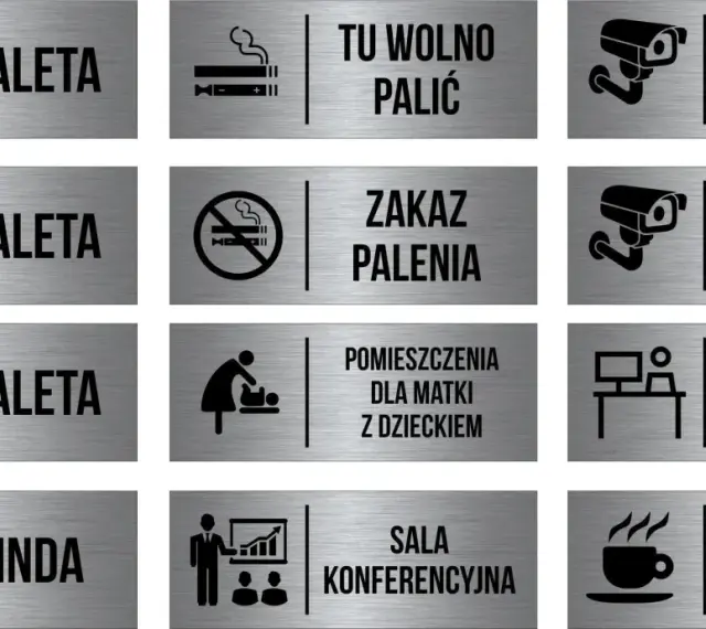 Zestaw oznaczeń toalet, wind, biura, kawiarni i innych pomieszczeń.