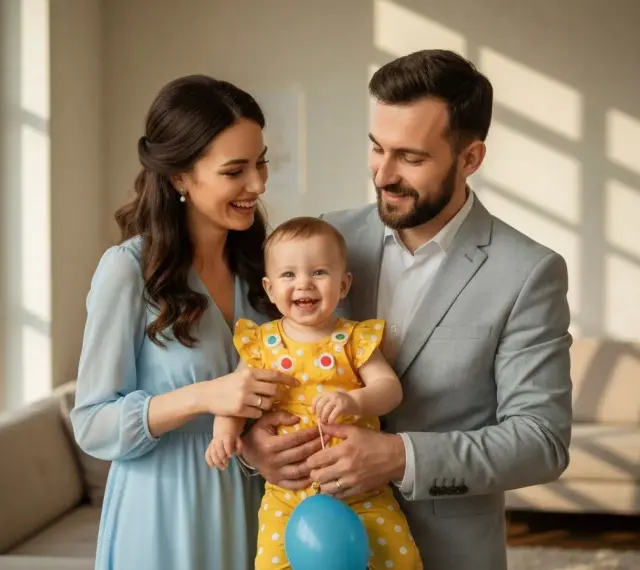 Szczęśliwa rodzina świętuje roczek dziecka. Mama w błękitnej sukience, tata w szarym garniturze, a maluch w żółtym, grochowatym ubranku. Idealna inspiracja, co ubrać na roczek!